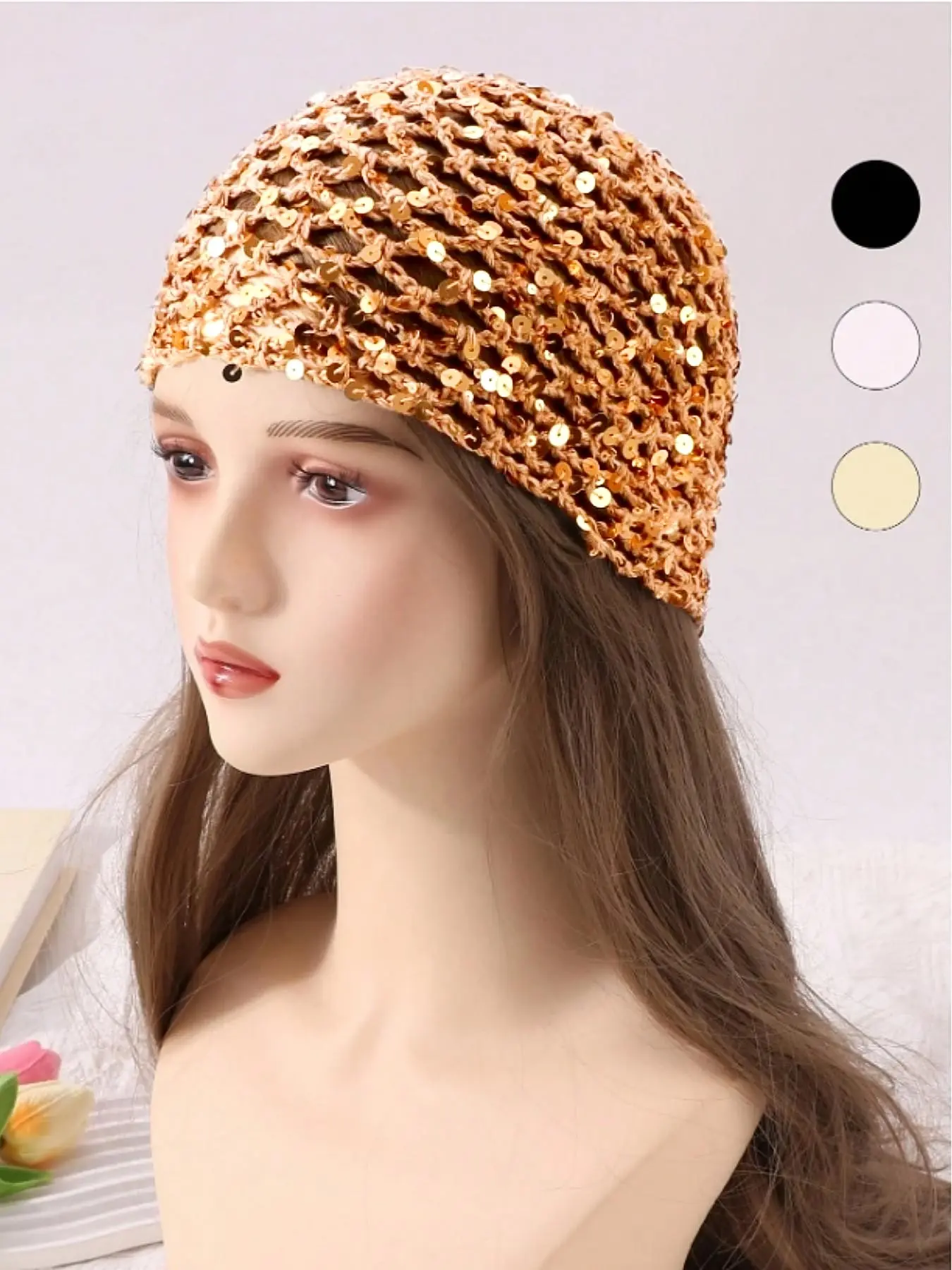 1 piece Women's Fashion Hollow Crochet Sequin Beanie, Women's Slouchy Cap, Solid Color Slouchy Hat, fashion hats, Fashion Simple, Suitable for Daily Wear, Fashion Party, Spring Summer Autumn Use, Breathable, Personalized Decoration, Knit Beanie