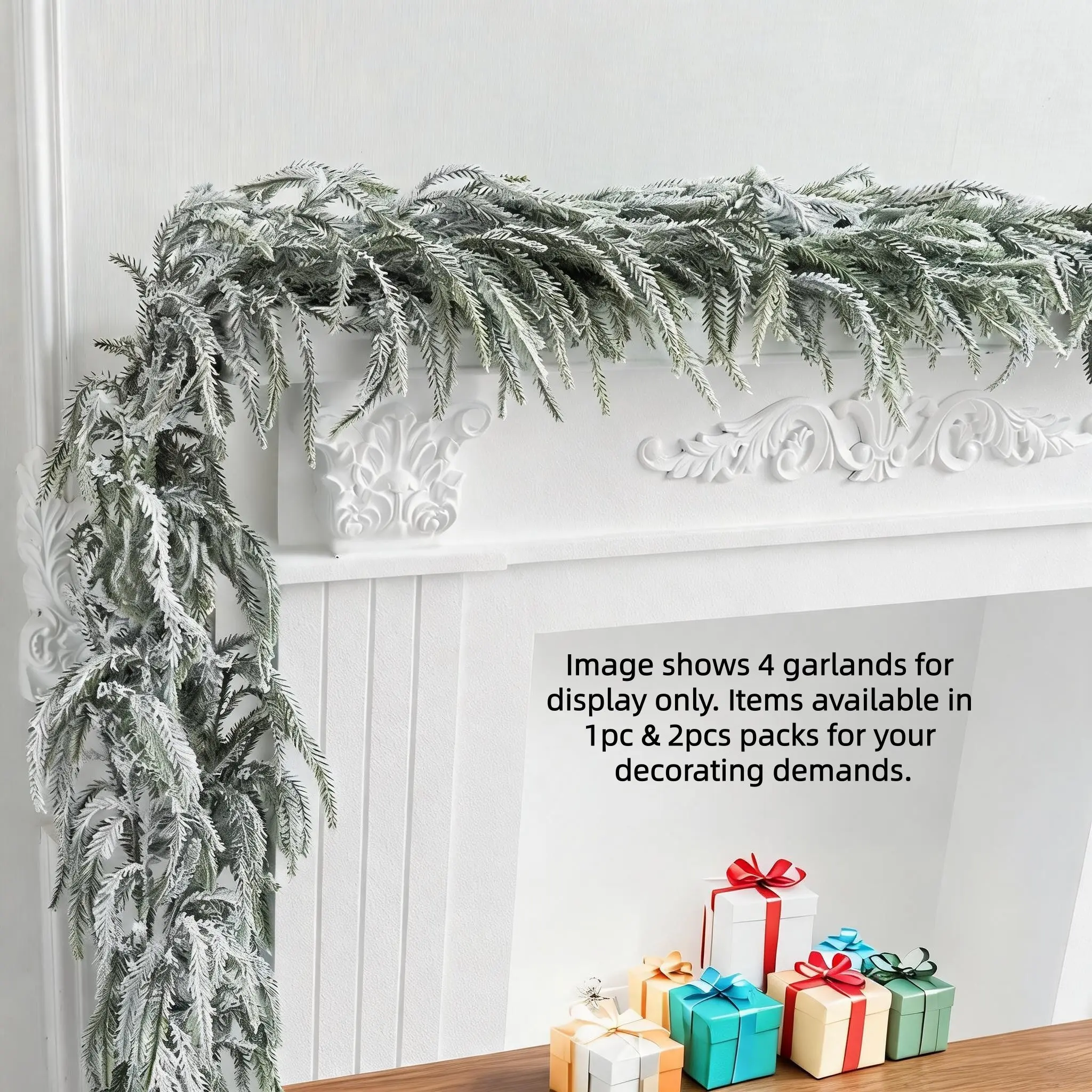 70.86 Inch Flocked Norfolk Pine Artificial Garland, Soft Touch Frosted Christmas Greenery, Winter Snow Covered Pine Vine Decor, Christmas Decorations