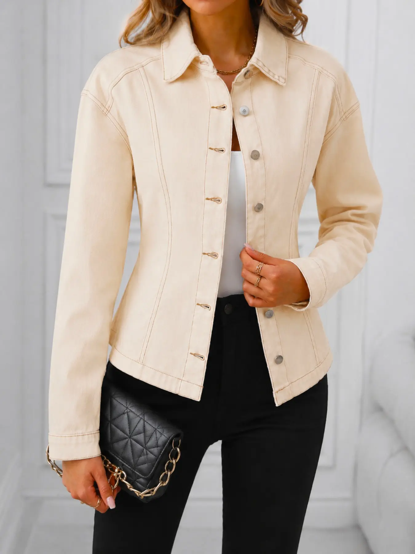 Women's Cream Color Denim Jacket, Slim-Fit Lapel Long Sleeve Button Front, Spring & Fall Essential, Casual Office Wear, Street Style, Coats