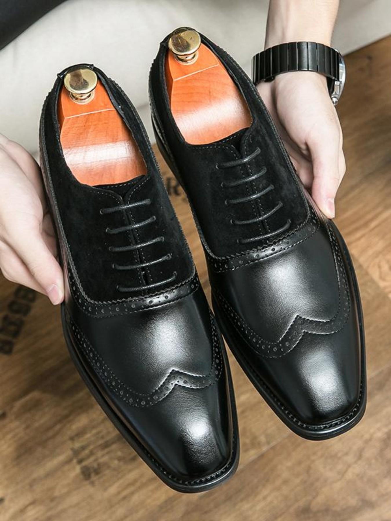 Men's Business Formal Lace Up Patchwork Design Dress Shoes, Fashionable Retro Style Shoes for Work Office, Male All-match Shoes for Daily Wear
