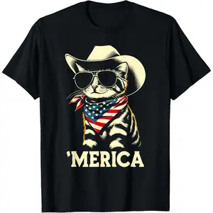Cool Cowboy Cat 'Merica Tee| Funny Patriotic 4th of July Retro Shirt with American Flag Bandana,Men's