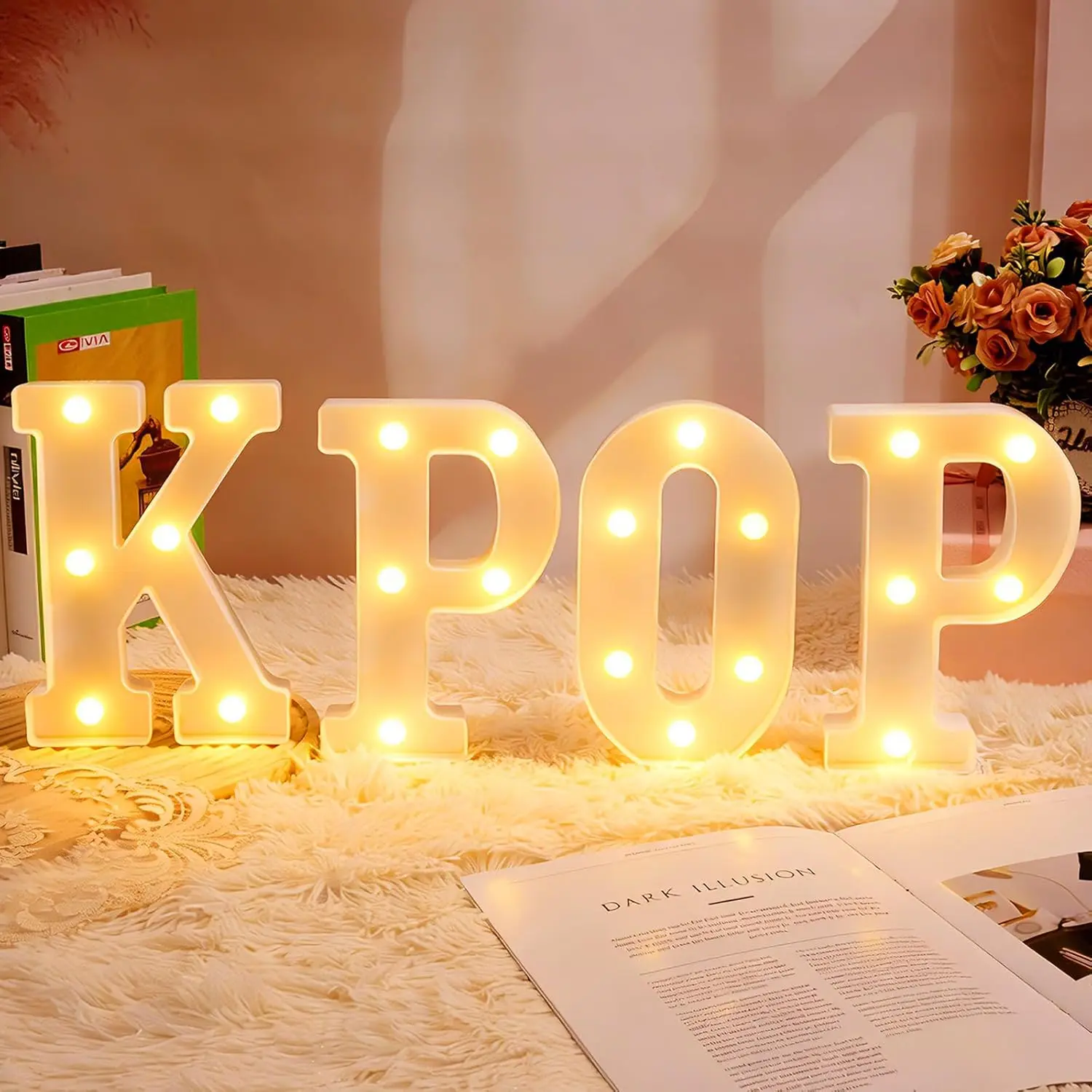 KPOP Light Up Letters Marquee Signs for Bedroom Decor, Battery Powered LED Alphabet Lamps for K-Pop Birthday Party Supplies, Concert Celebration Background & Fan Gift Room Accessories White