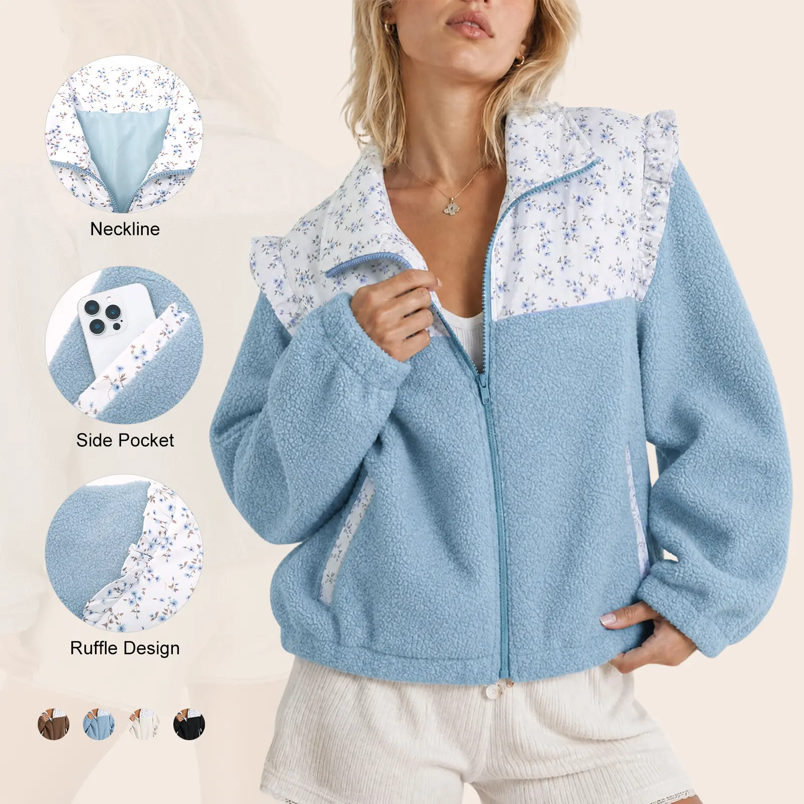 Imily Bela Women's Floral Patchwork Fleece Jacket Ruffle Shoulder Zipper Up Stand Collar Cozy Sherpa Coat with Pockets