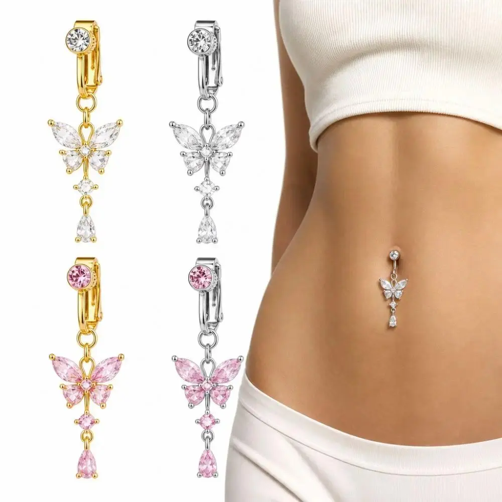 Butterfly Design Clip on Belly Button Zircon Copper/alloy Material Fake Belly Ring Non Piercing Faux Belly Piercing