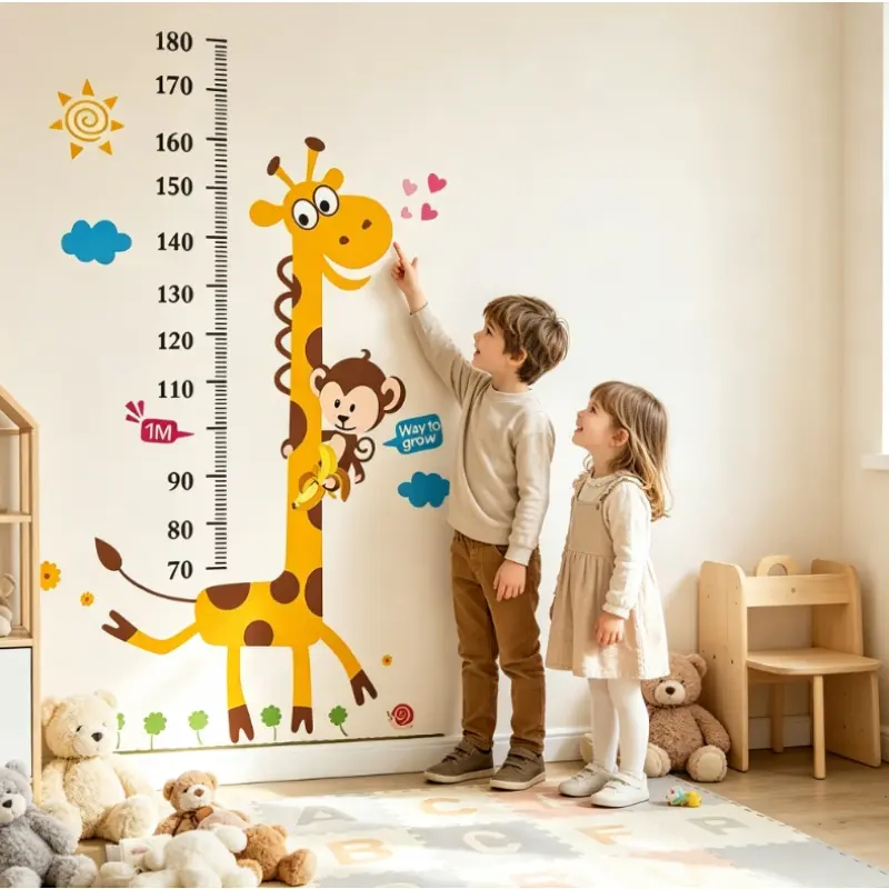 Cartoon Giraffe Height Measuring Wall Sticker, Animal Growth Chart Wall Decal, Removable Kids Room Living Room Decor Sticker for Baby Height Tracking