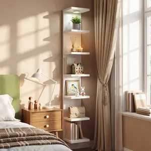 TOMNK 7-Tier Lack Style Wall Shelves with LED Lights, Vertical Column Floating Storage Organizer, Tall Tower Design, Suitable for Bedroom, Living Room, Office Home Decor, Available in White/Black