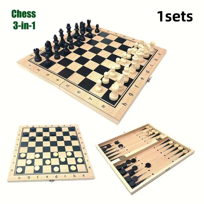 3-In-1 Wooden Chess Board Set, 29cm Foldable Portable Design, Ideal for Competitive Games, Birthday Gifts, Family Gatherings