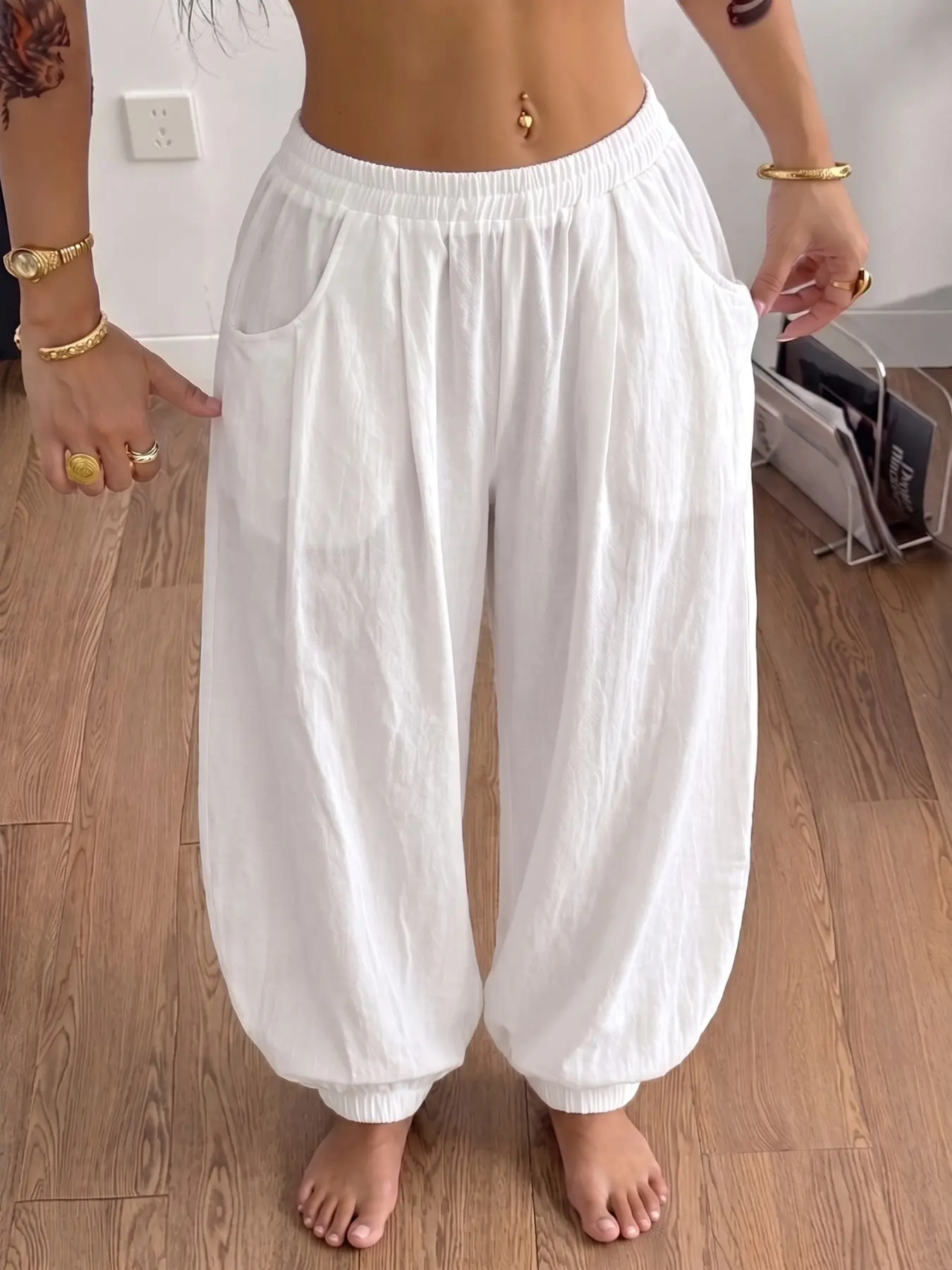 2026 Hot Selling Women Solid White Crinkled Elastic Waist Balloon Jogger Pants, Loose Baggy Tapered Harem Sweatpants, Lightweight Breathable Casual Trousers For Boho Y2K Street Daily Vacation Loungewear Outfits