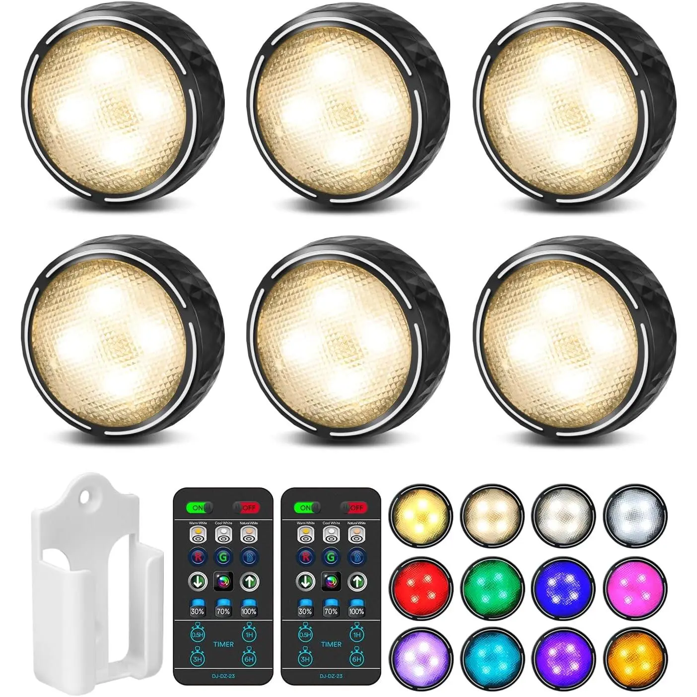 6-Pack Black High Lumen LED Puck Lights - Battery-Operated Wireless Adhesive Pad Tap Push Lights with Remote, Timer Auto-Off Color-Changing for Dry Areas Kitchen Under Cabinets