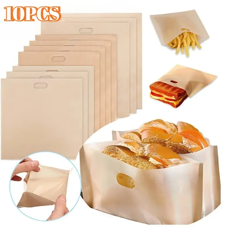 10PCS Beige Toaster Bag Microwave Bags Grilled Cheese Sandwich Toaster Bag Reusable Baking Snack Organizer Kitchen Organizer Bakeware
