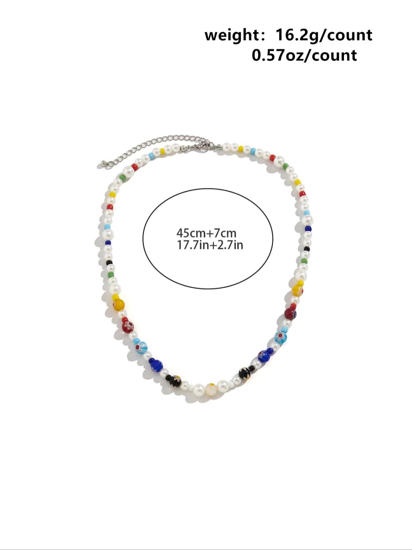 Colorful Glass Flower Beaded Necklace for Men, Versatile Imitation Pearl Choker, Fashionable Preppy Style Accessory with Random Bead Colors