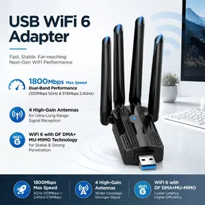 USB WiFi 6 Adapter 1800Mbps for PC Desktop Laptop, 4 High-Gain Antennas Long Range Signal, Dual Band Wireless Network Card with Fast Ethernet Port, Upgrade to Wi-Fi 6 & Stable Connection