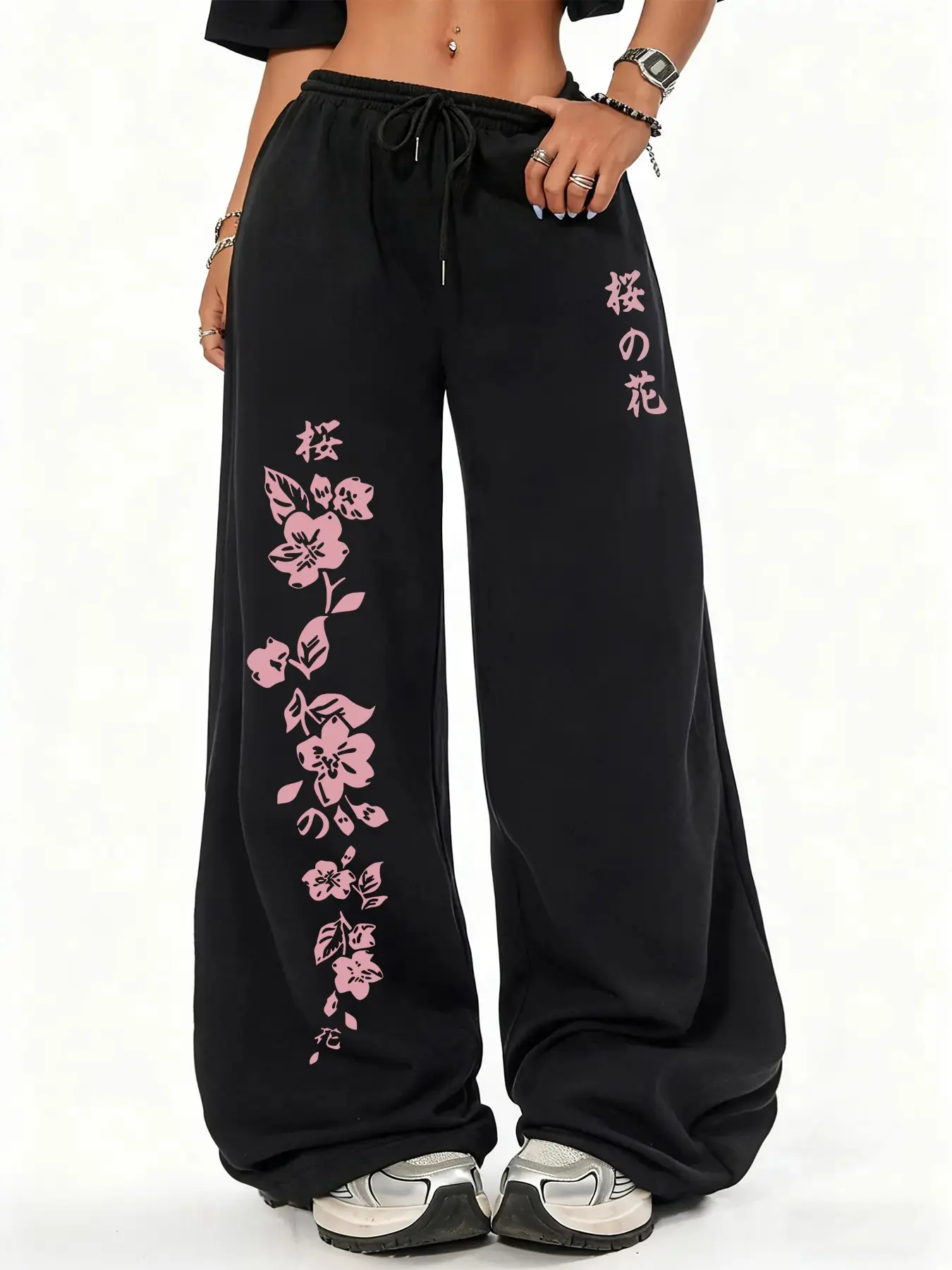 Black Oversized Wide-Leg Pink Sakura Print Joggers - Japanese