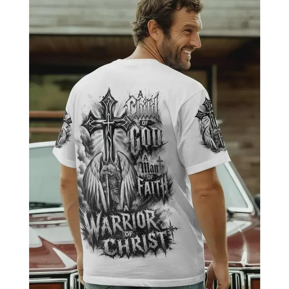 Unisex A Child Of God Warrior Of Christ Winged Knight Cross Dual Print Christian Short Sleeve T-Shirt,Black White Vintage Religious Crewneck Tee For Men Women Church Worship Streetwear #   TikTokMadeMeBuyIt #   TikTokShop # WarriorOfChristTee