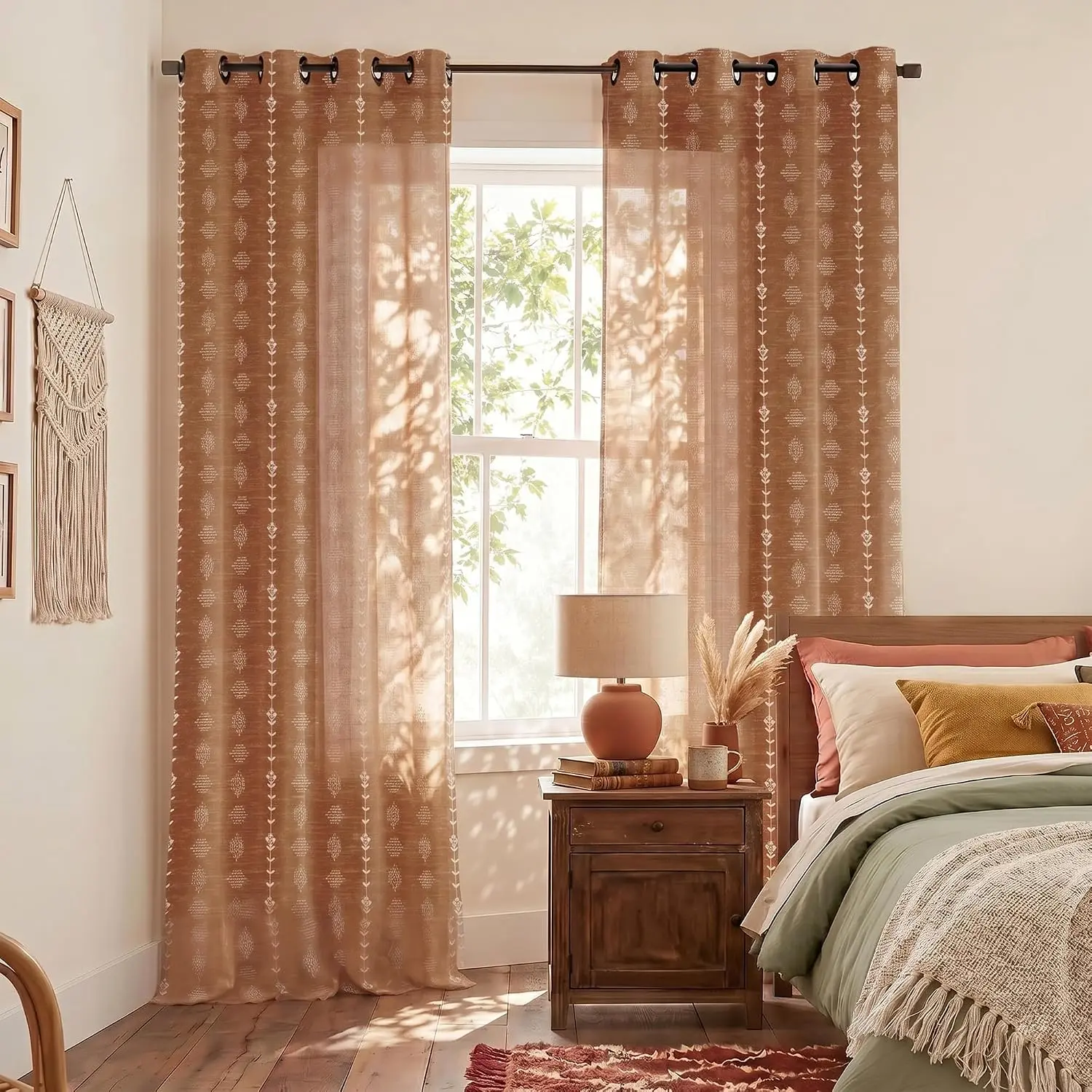 Terracotta Boho Curtains 2 Panels, Burnt Orange Bohemian Patterned Drapes, Rust Colored Vintage Floral Sheer Aztec Print Curtains for Bedroom Living Room 84 Inch Long