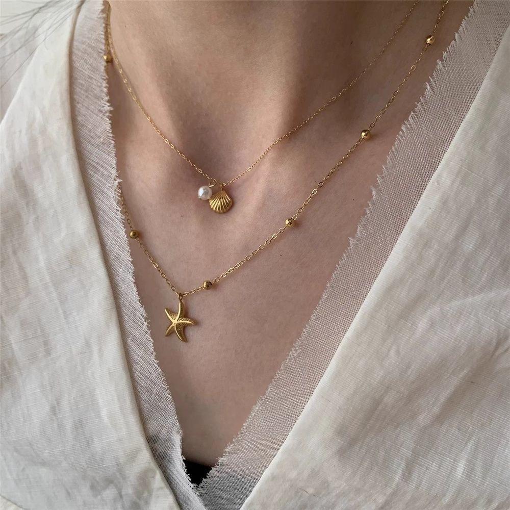 Necklace for Women,Layered Starfish Conch SeaShell Pearl Pendant Charm Necklace Stack Waterproof Dainty Beach Jewelry for Summer Vacation