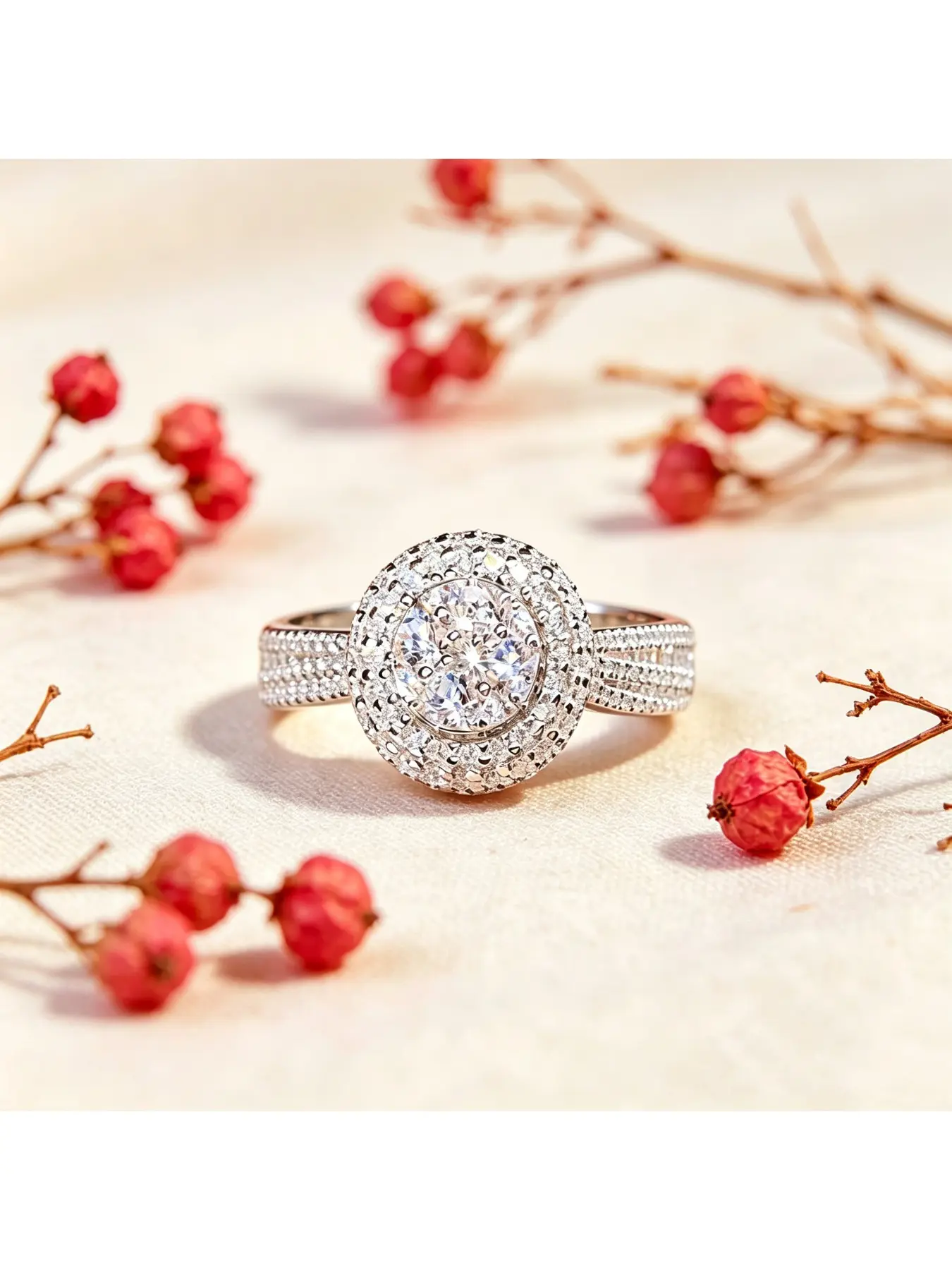 Double Round Halo Paved Wide Band Engagement Ring, Bridal Ring, Luxury Delicate Gift for Women, Multi-layer Glitter Shank for Everyday Wear, Stunning Accessory for Parties, New Year Dinners and Anniversary Dates