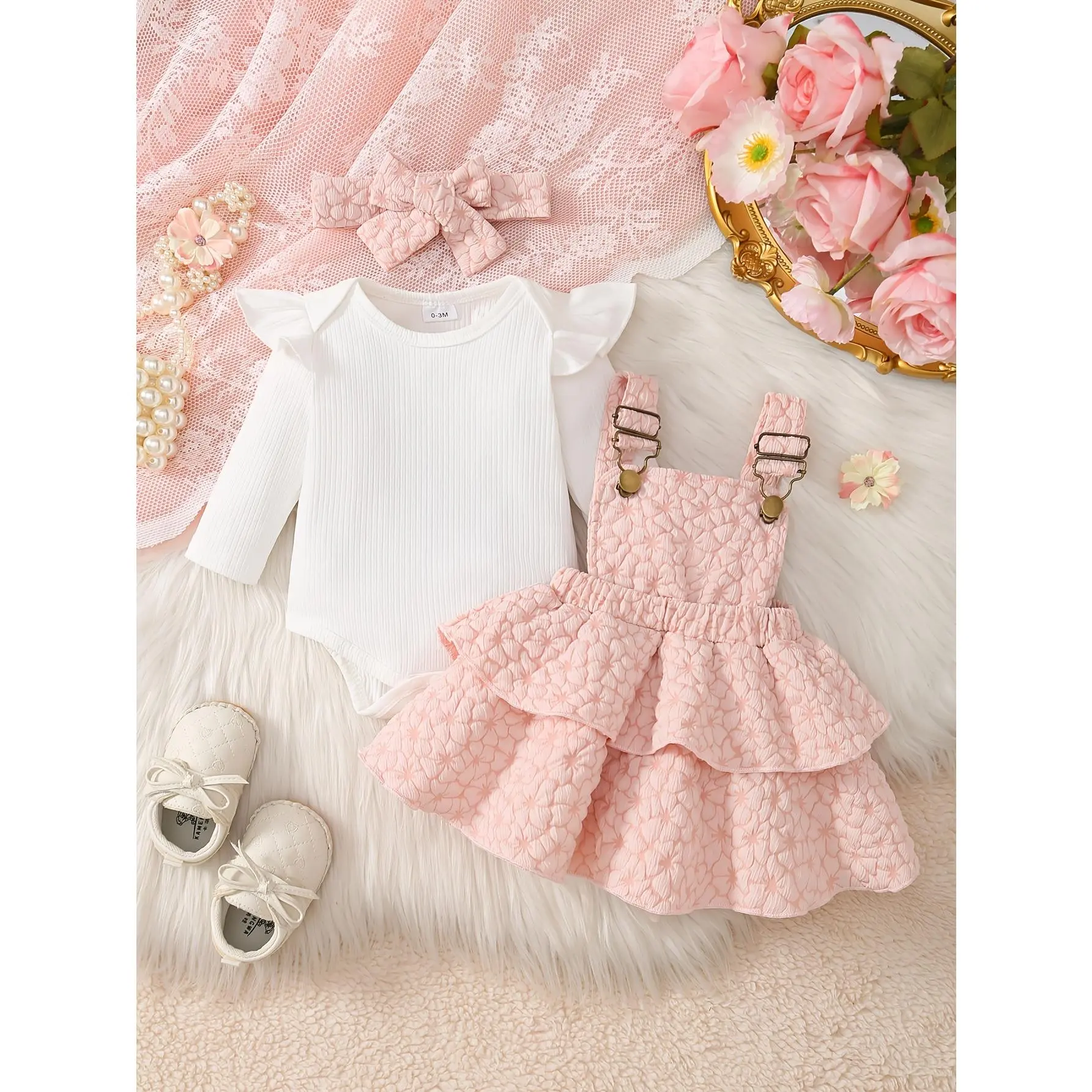 3pcs Baby Girl Matching Outfit - Solid Color Overalls & Dress Jumpsuit with Long Sleeve Round Neck, Suit, Machine Washable Wear for All- (Winter/ Fall) - Gift for Christening, Photos, Casual Attire, Perfect for Outdoor