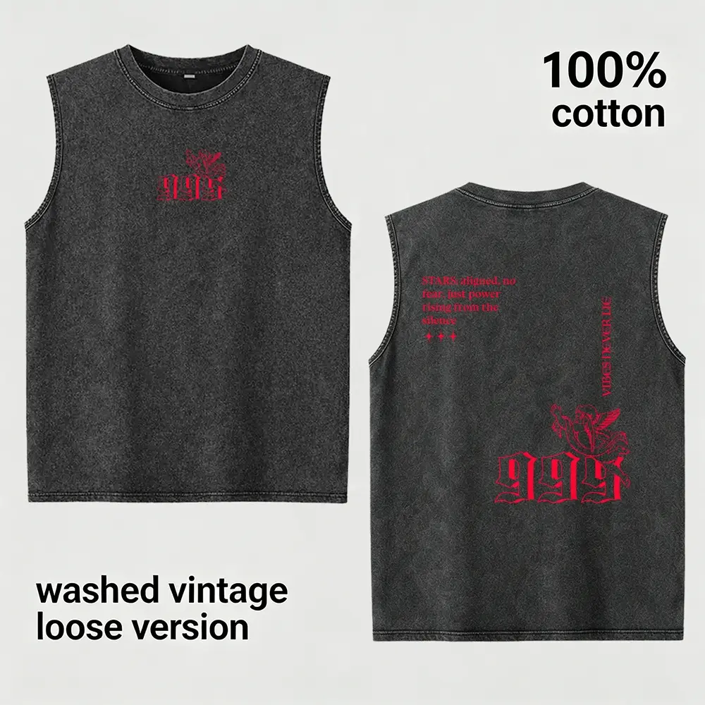 Vintage Washed Beige Cotton Sleeveless Tank Top Loose Double Sided Red 999 Angel Cherub Spiritual Text Gothic Print Retro Muscle Vest For Men Women