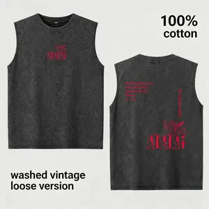 Vintage Washed Beige Cotton Sleeveless Tank Top Loose Double Sided Red 999 Angel Cherub Spiritual Text Gothic Print Retro Muscle Vest For Men Women