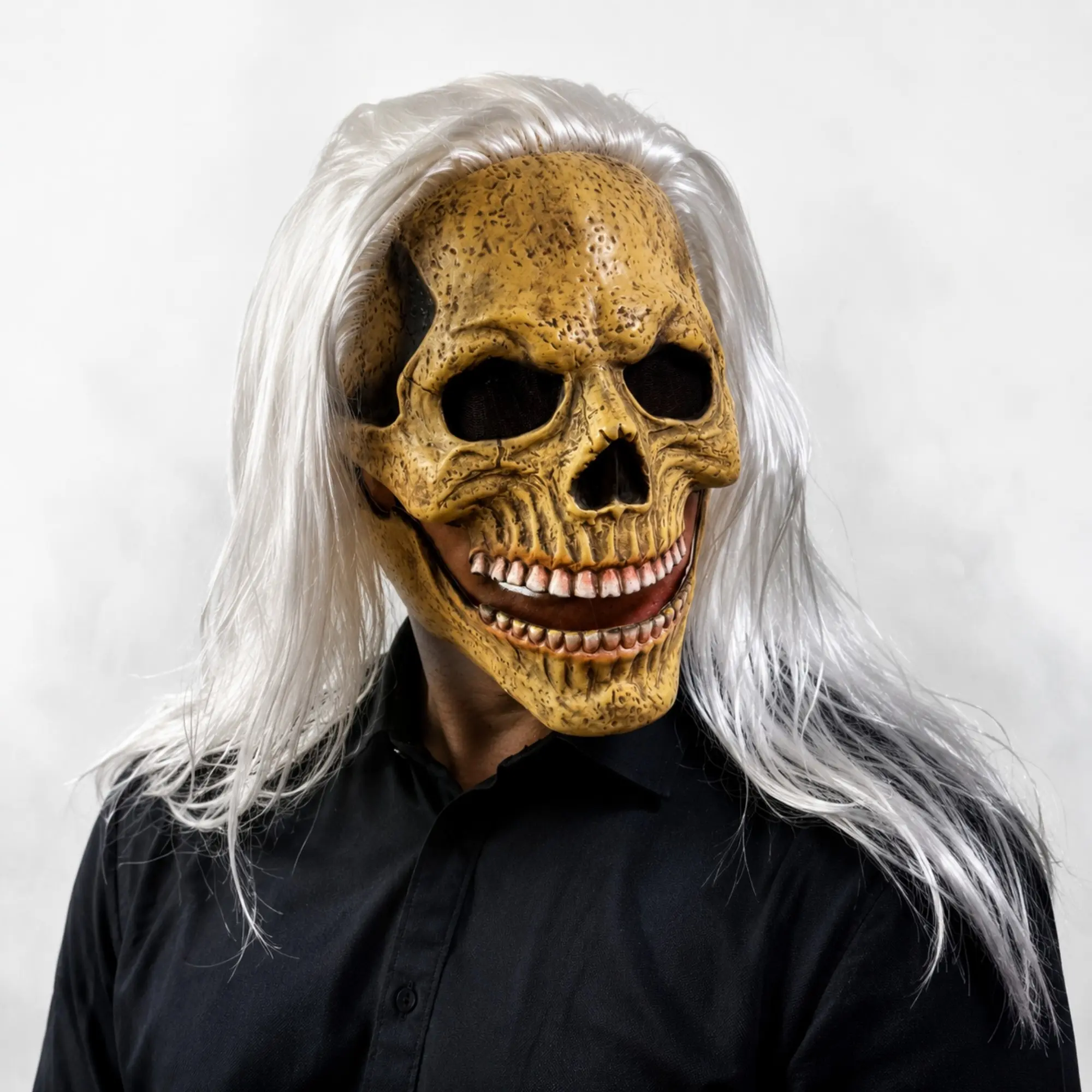 Creepy Skull Mask with Movable Jaw, Realistic Skeleton Mask with Long Hair, Scary Full Head Halloween Party Costume Props for Adults