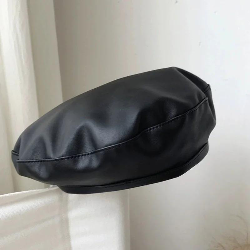 Fashion Autumn Winter Beret Beanie Hat Women Plain Beret Hats Solid Color Elegant Men Women Artist Caps PU Leather Painters Caps
