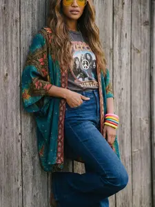 Ethnic Style Vintage Floral Print Cardigan, Loose-Fit Summer Kimono Jacket, Casual Beachwear, Festival Party, Women's Lightweight Outerwear