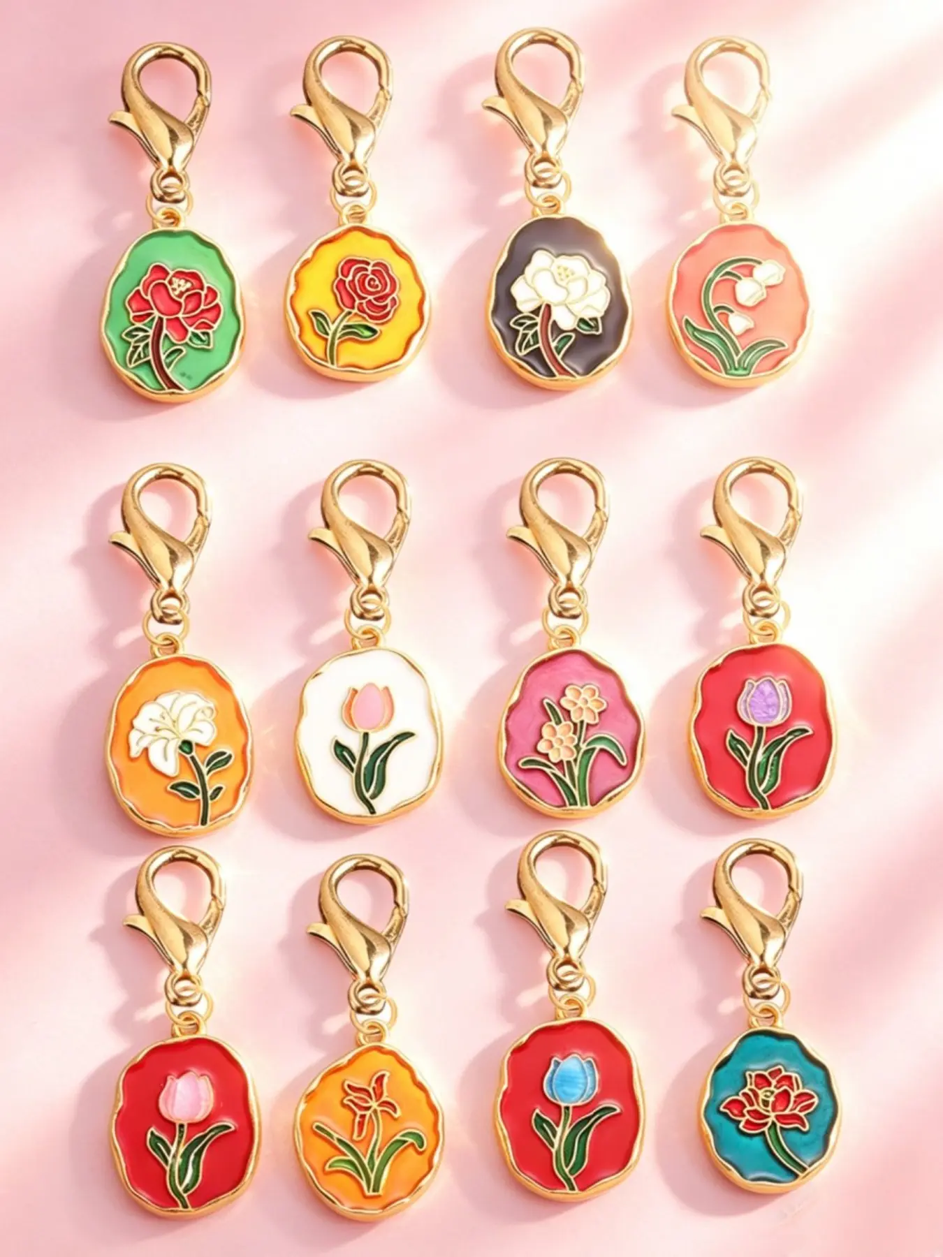 6pcs/12pcs Random Color Alloy Enamel Tulip Pendant, Vibrant Flower Keychain for Bags Set, Cute Bag Charm for Women, Fashion Accessory, Elegant Key Ring