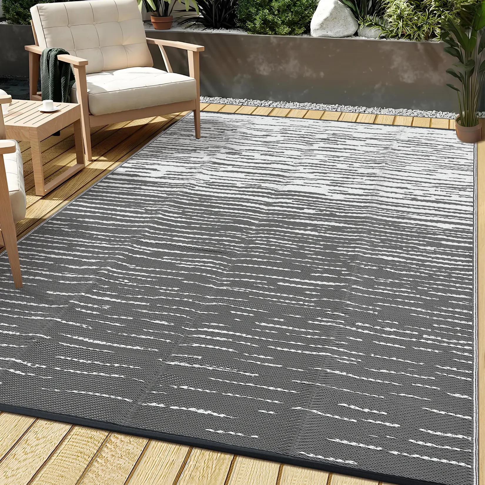Neutral Striped Outdoor Rug Waterproof, Modern Striped Plastic Straw Rug, Reversible UV Resistant Outside Rugs for Backyard, RV, Camping, Deck, Porch, Beach Picnic