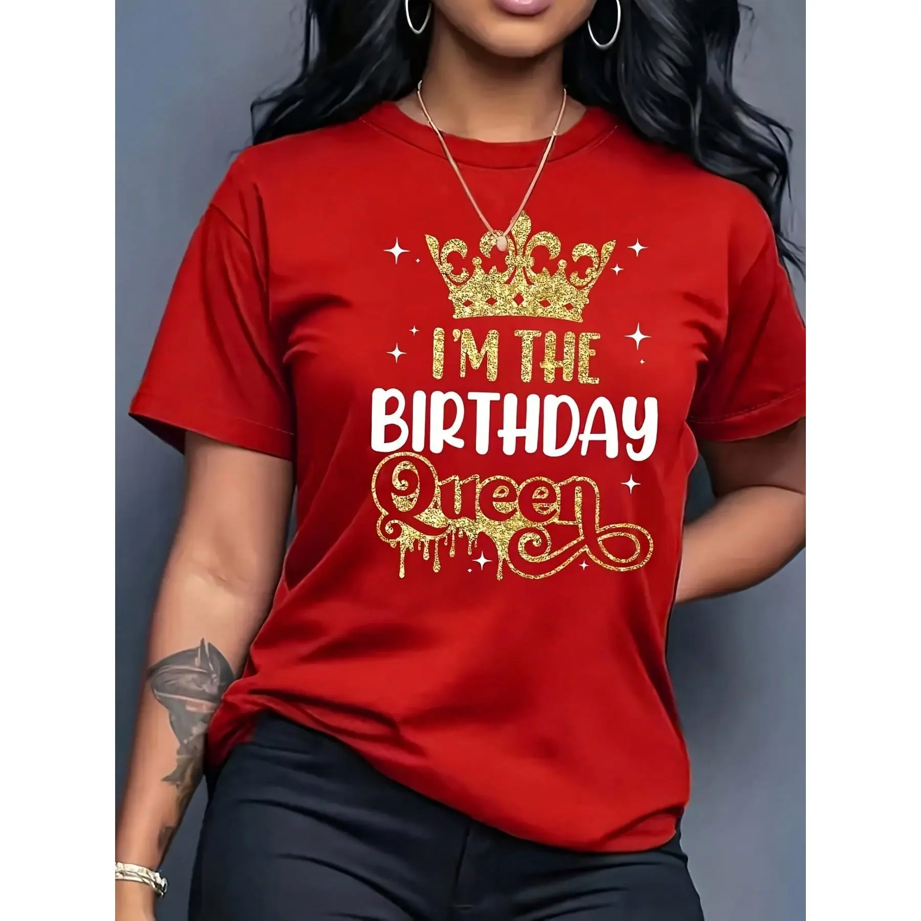 "Birthday Queen" Graphic T-Shirt for Women, Plus Size Casual 100% Cotton Pullover, Soft Seamless Relaxed Fit with Round Neck for Birthday Outfits, Piece, Fabric, Regular Fit, Knitted, Shortsleeve, Tops, T Shirts Women, All Over Print, Loose, Streetwear