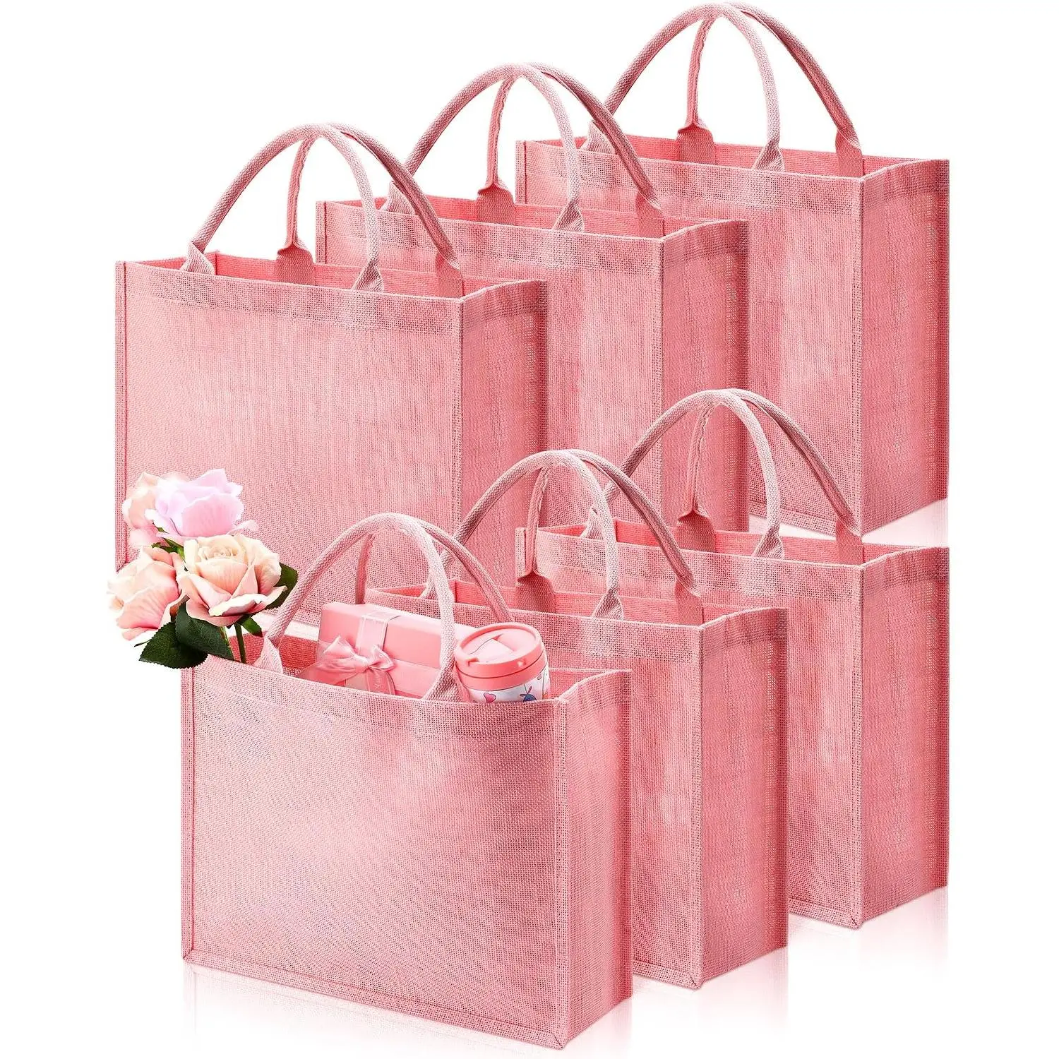 6 count Burlap Tote Bags with Handles, Jute Grocery Bags with Laminated Interior for Wedding, 15.8 x 11.8 x 5.9 Inch ()
