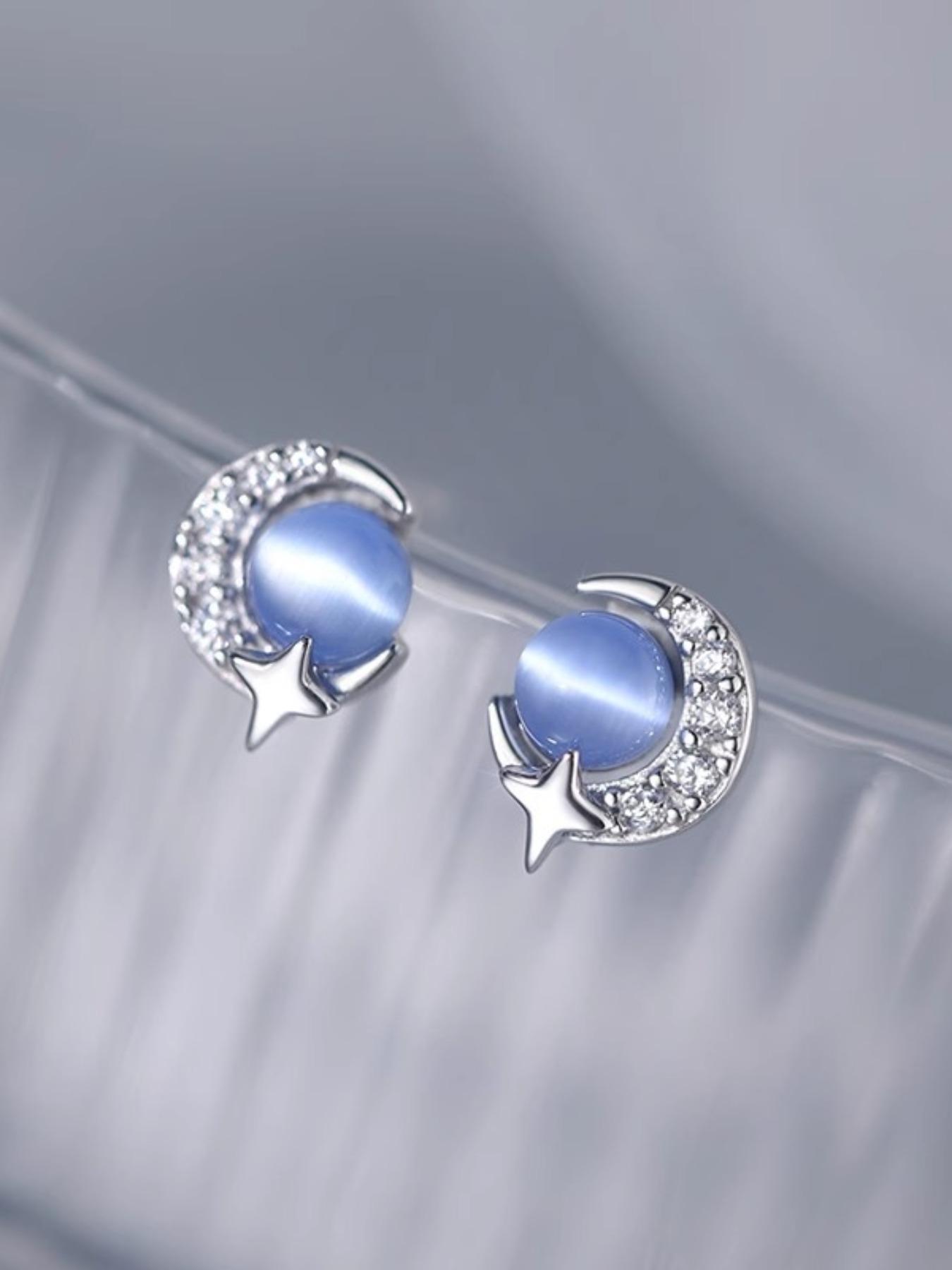 925 Sterling Silver Moon & Star Design, Artificial Gemstone Decorated, Fashion Jewelry Accessories for Women & Girls, Artificial Zircon Earrings