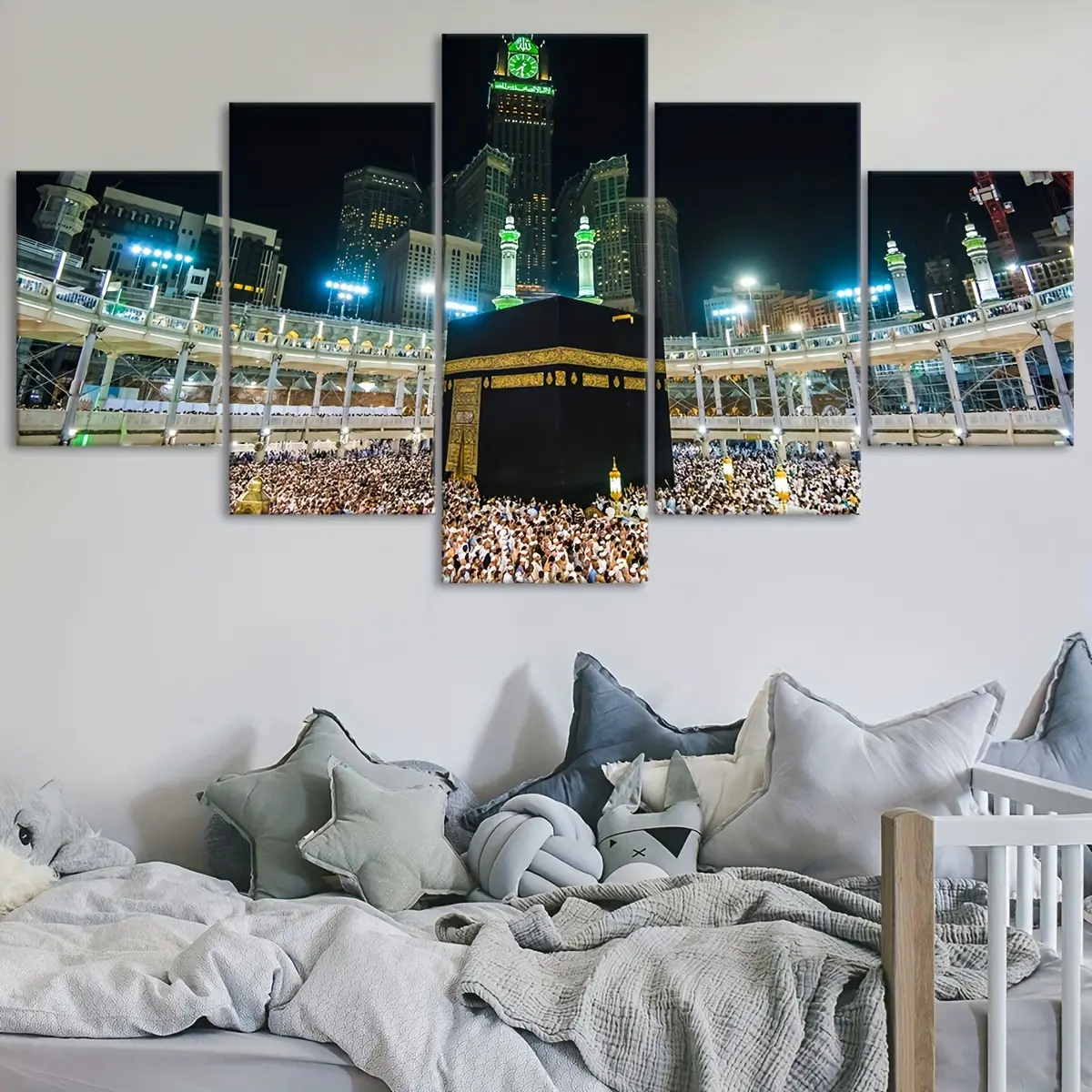 5-Piece 2D Flat Framed Canvas Prints - Mecca Sacred Landscape Architectural Art, Modular Faith-Themed Wall Decor for Living Room, Bedroom, Home Supplies Hanging Ornament