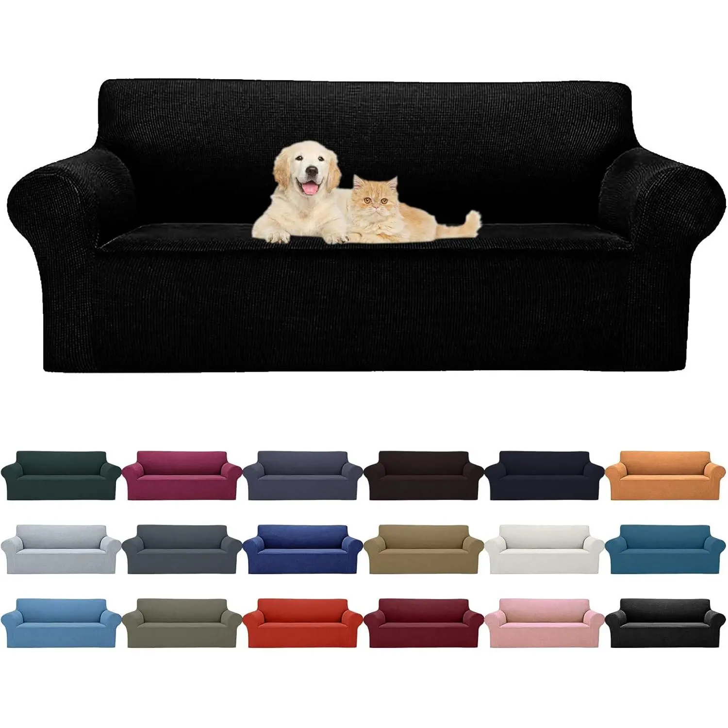 2026 New Stretch Sofa Slipcovers Couch Cover for 3 Cushion Furniture Protector Sofa Covers with Elastic Bottom Small Checks for Pets, Kids -Sofa, Black