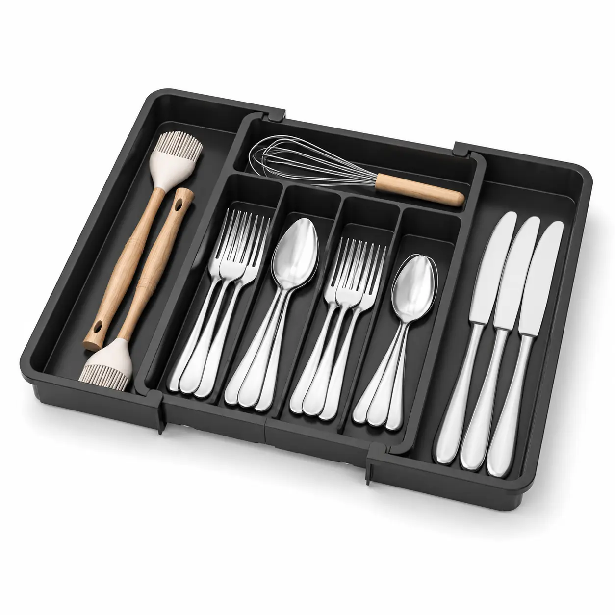 Expandable Silverware Drawer Organizer, Adjustable Utensil Tray with 7 Compartments, BPA Free Plastic Cutlery Holder for Kitchen Drawer, Space Saving Flatware Storage for Spoons Forks Knives, Black