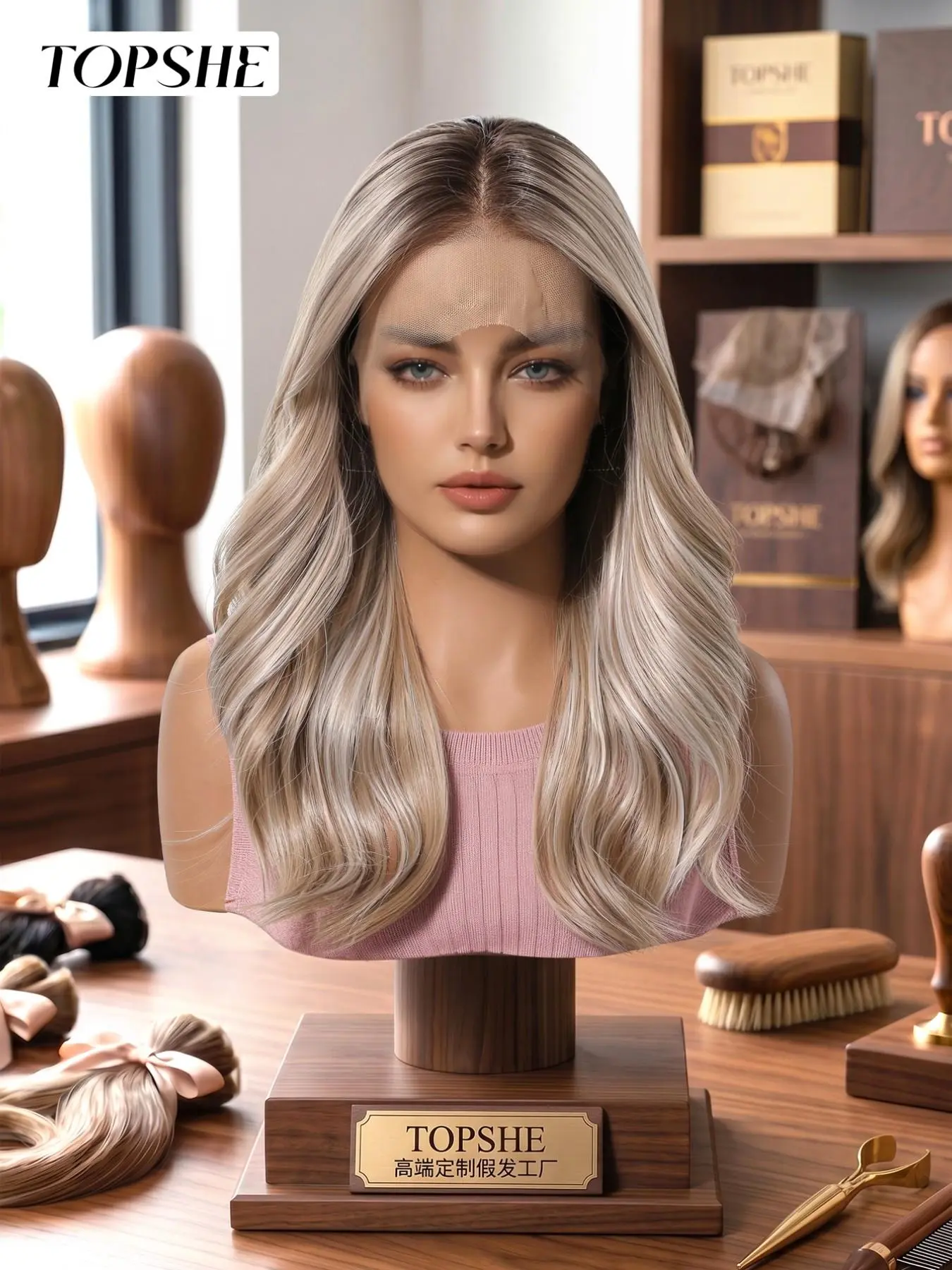 Topshe Golden Middle Part Wavy Hairpiece, Lace Synthetic Wig, 18 Inch Medium Length, Seamless Lace Front, Versatile for Parties, Travel, Fashion Photoshoots