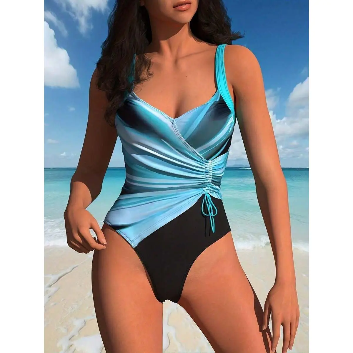 2026 New Blue Black Gradient Sun Protection One Piece Swimsuit V-Neck Drawstring Waist Control Tummy Control Swimwear