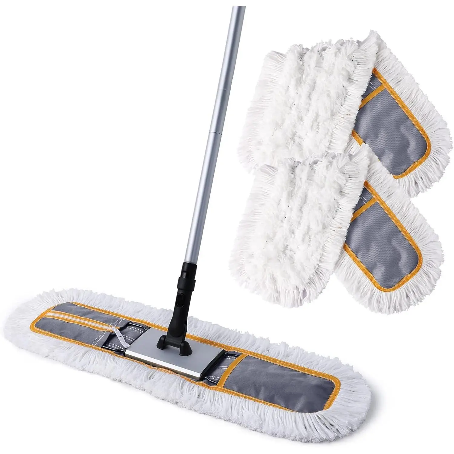 24 in Commercial Dust Mop - Heavy Duty Floor Cleaning Sweeper Broom with 2 Removable & Washable Absorbent Microfiber Mop Pads, Wet/Dry Duster for Marble, Laminate Floors, Grey