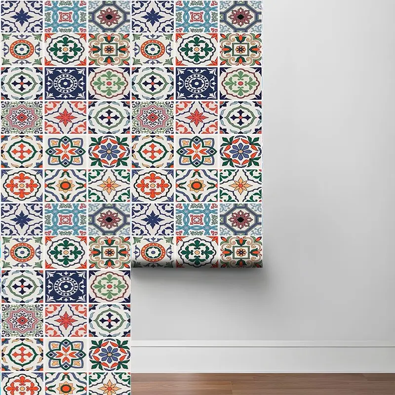 Color Moroccan Tile Peel And Stick Wallpaper,Boho Wallpaper Removable Self Adhesive Contact Paper for Bedroom, Aesthetic Wall Paper Roll, Ideal Gift for Boho Home Decor Lovers