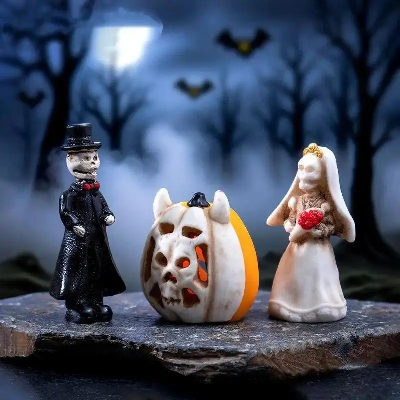 New Halloween Mini Resin Figurine Set Bone Skull Coffin House Chair Scary Ghost Statue Cartoon Miniature Party Ornament Decor