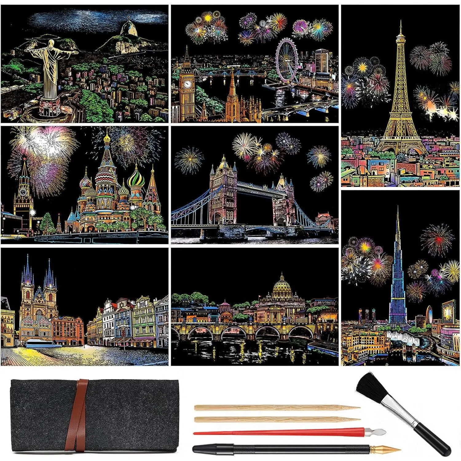 Scratch Art for Adults Teens: Colorful City Series Scratch Book with Rainbow Painting Night View | 8 Sheets A4 Scratchboard Cards, 5 Tools, Scratch and Sketch Foil Engraving Art(Landmark Building)