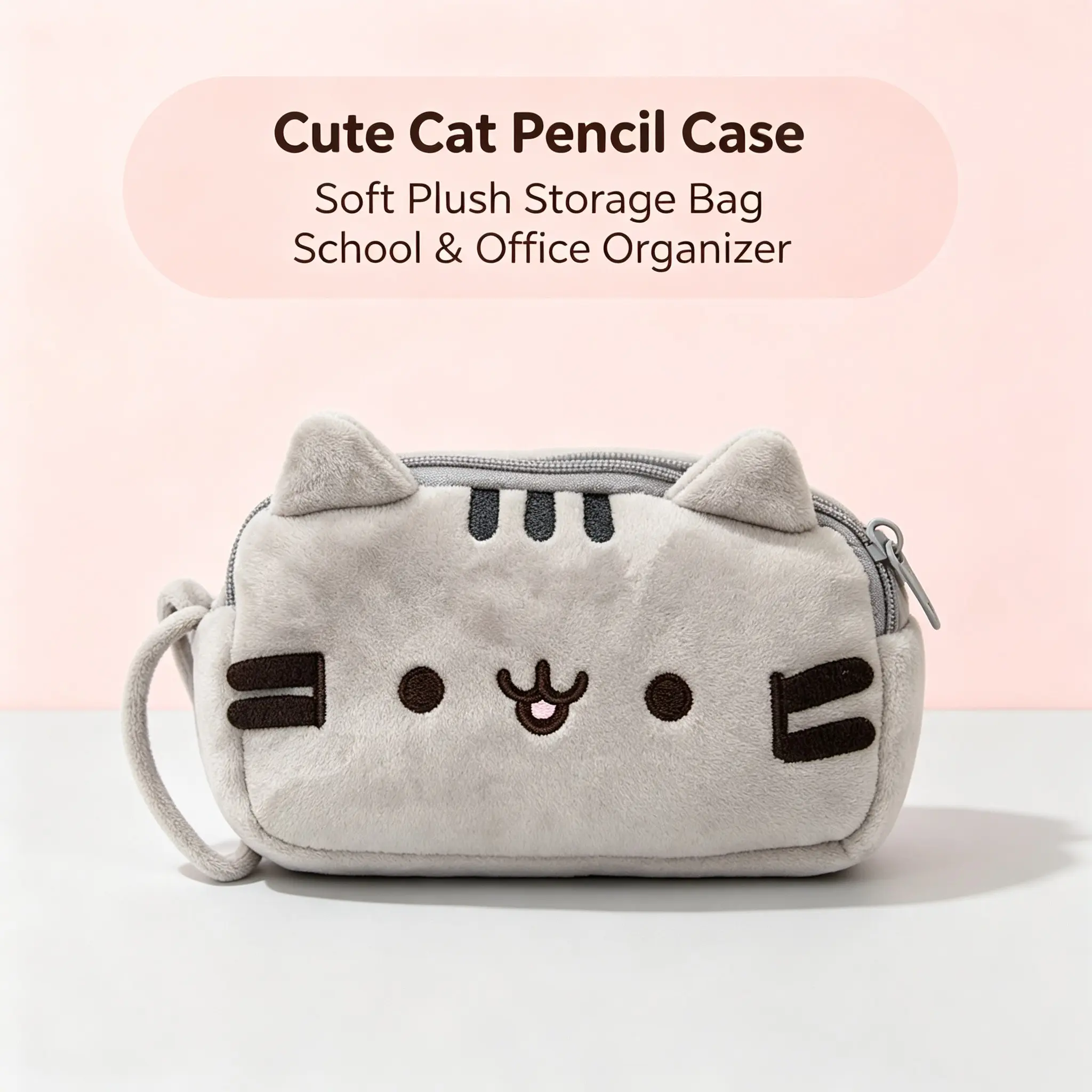 Soft Plush Chubby Cat Pencil Bag, 2 in 1 Dual Use Pencil Case & Makeup Bag, Cute Cartoon Cat Stationery Storage Pouch, Desk Organizer for School Office