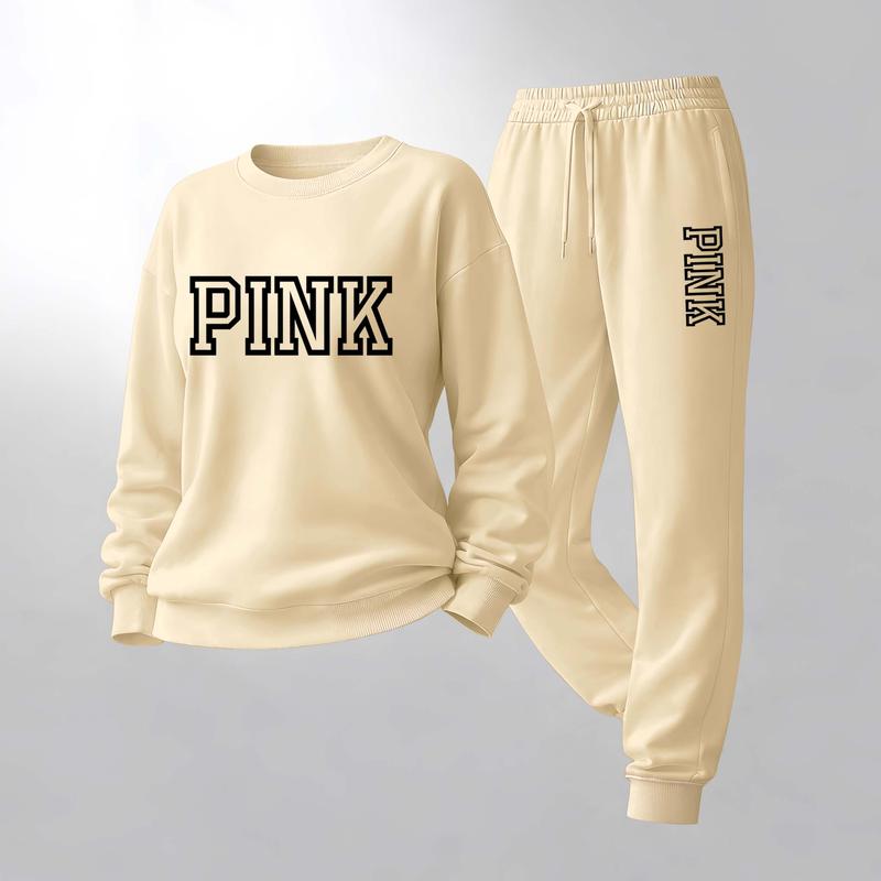 Women's Letter Print Crewneck Sweatshirt and Drawstring Track Pants Set, Casual Sportswear, Long-Sleeve Round Neck Top and Pants, Suitable for Spring, Autumn and Winter, Everyday Wear