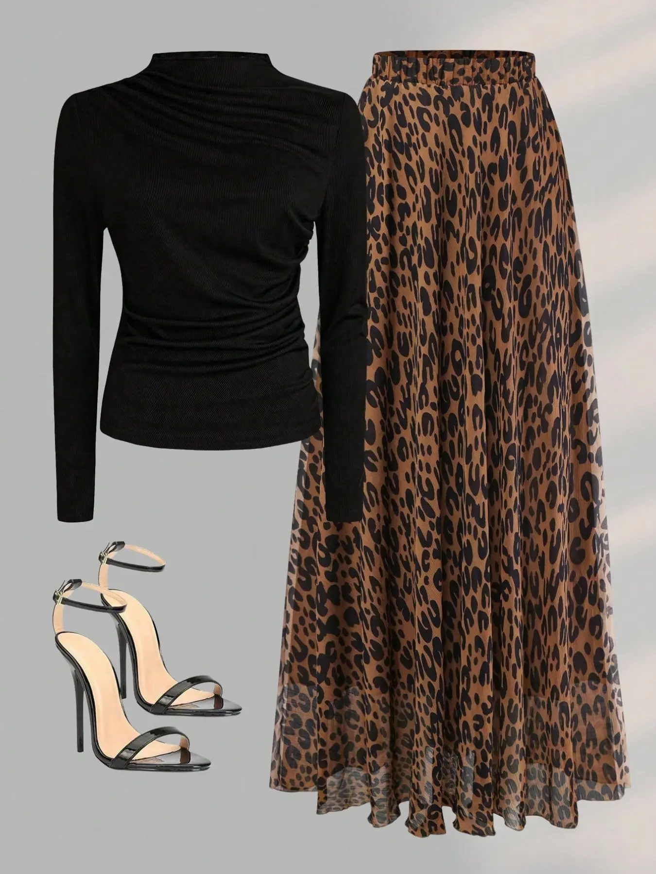 Elegant Women's Vacation Print Set, Floral T-Shirt and Chiffon Skirt, Long Sleeve Half-Neck, Casual Two-Piece