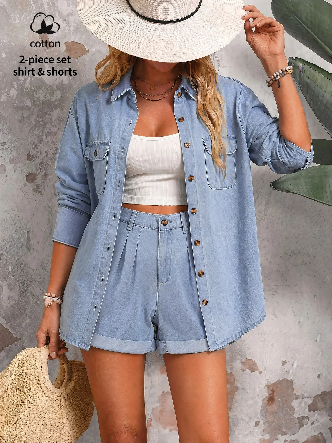 Women's Loose Fit Denim Shirt & High Waist Pleated Shorts Set, Light Blue Washed Denim, Summer Beach Casual Wear, Comfortable Fashion