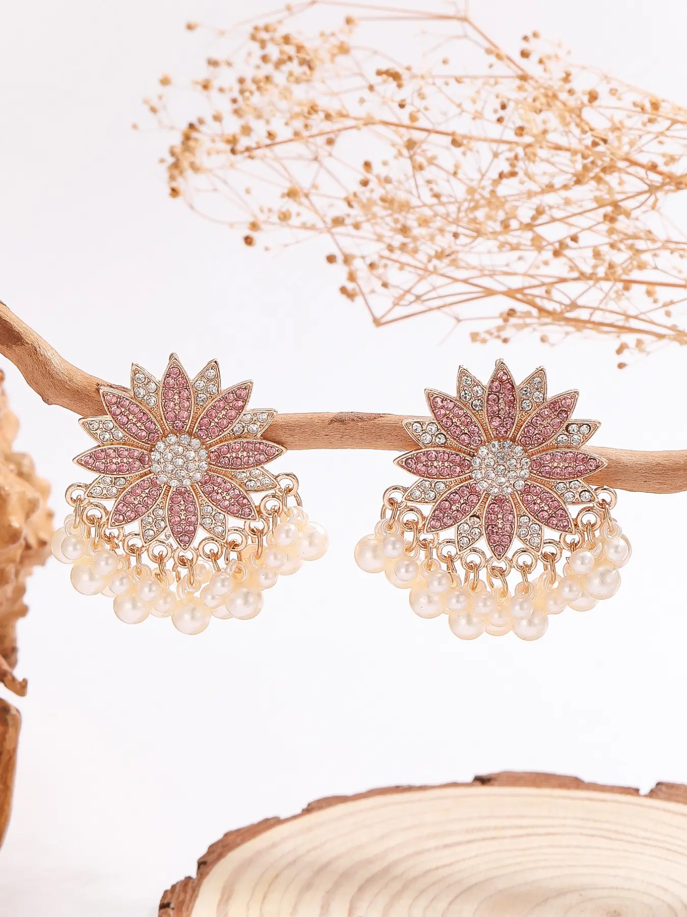 Bohemian Rhinestone Flower Drop Earrings, Ethnic Floral Fringe Design, Vintage Fashion Jewelry for Women, Daily Wear, Parties, Weddings