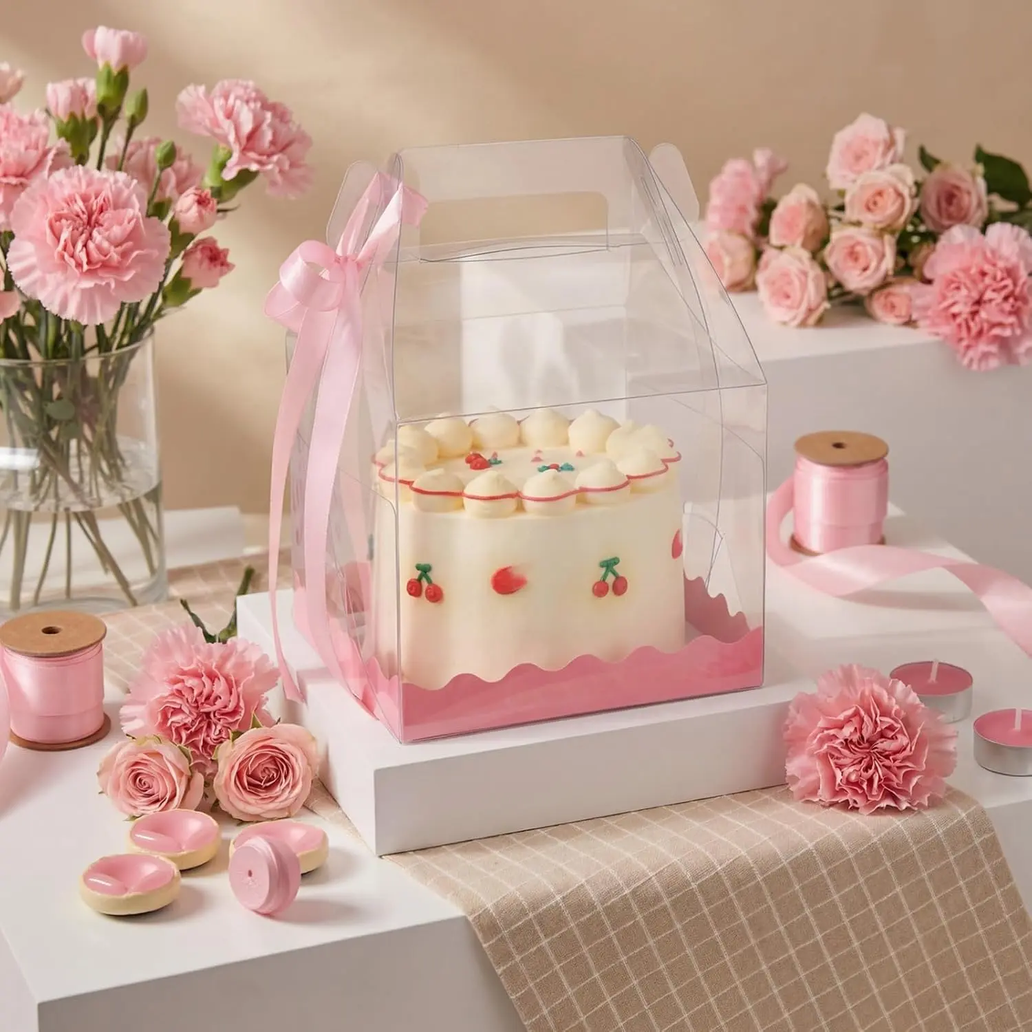 15-Count Transparent Plastic Cake Box with Ribbon, 6"x6"x8.3" Bakery Container, Small Dessert Cookies Takeout Carrier for Wedding, Birthday Party Cupcakes