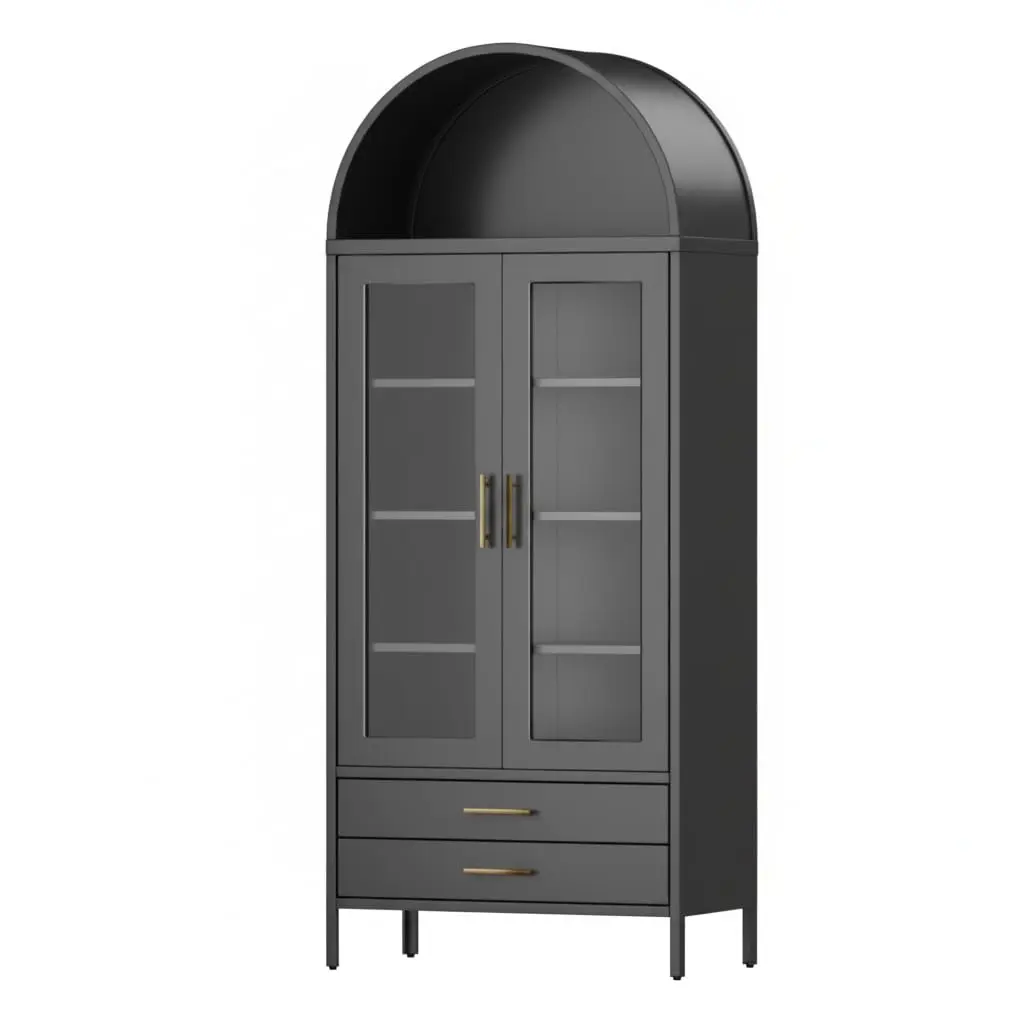 73 Inch Tall Arched Black Metal Kitchen Pantry Cabinet | Glass Doors, 2 Drawers & 2 Adjustable Shelves, Freestanding Storage for Dining Living Room