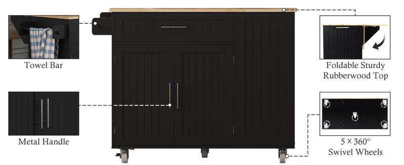 Kitchen Island with Storage, 31.5" D Rolling Kitchen Cart on Wheels with Widen Drop Leaf Rubberwood Top, Large Mobile Kitchen Island with Trash Can Storage and Towel Bar, Black