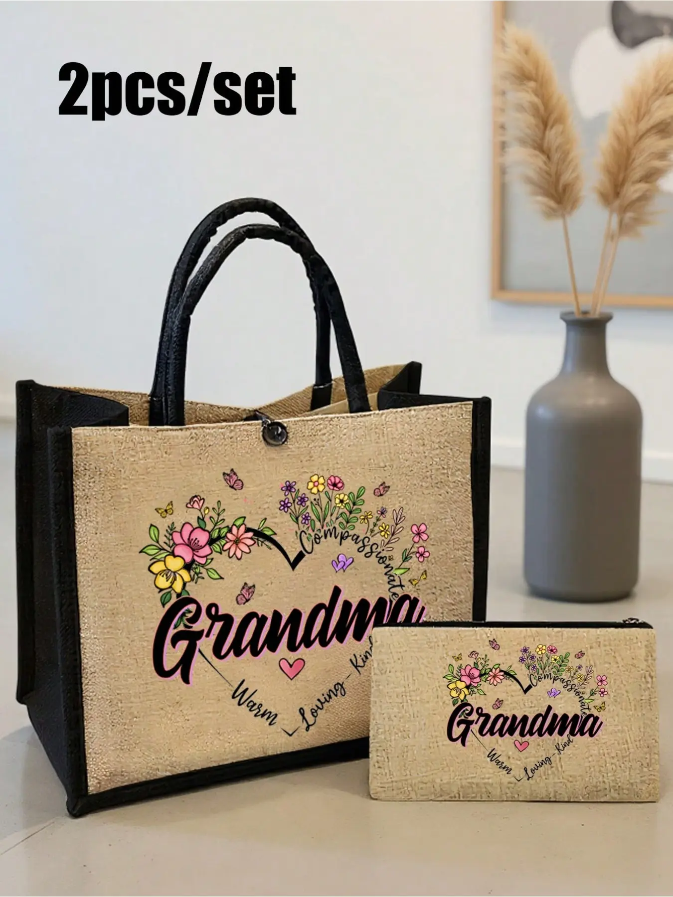 2Pcs Grandma Floral Linen Tote Bag Set with Butterfly Heart Letter Print, Large Multi-Purpose Travel Cosmetic Storage Handbag, Versatile Shopping Bag, Perfect Gift for Grandmother Teachers